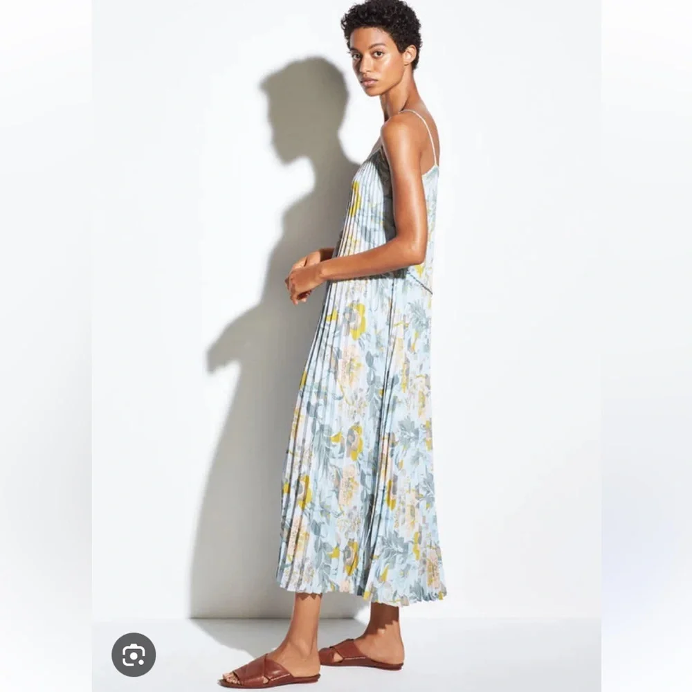 Vince Floral Pleated Midi Dress - Blue and Yellow - Picture 3 of 11